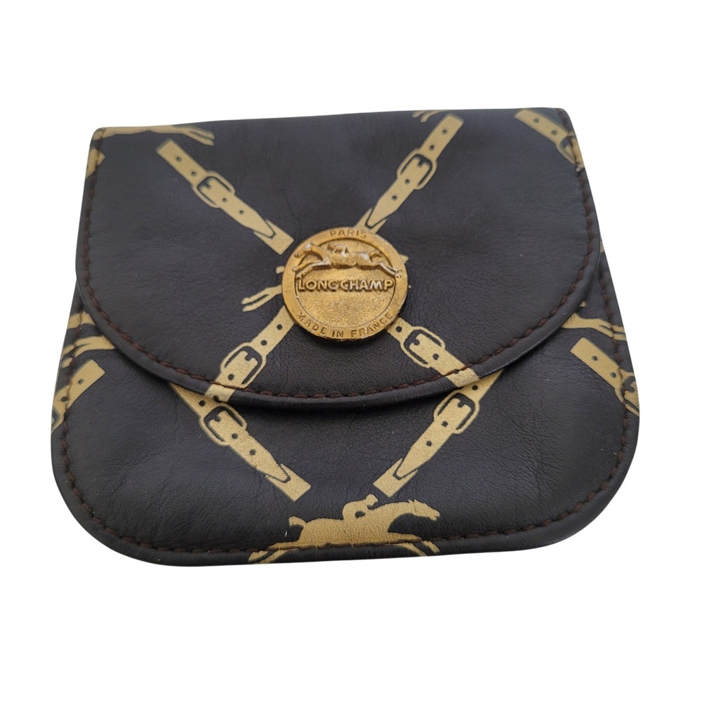 Longchamp Paris Vintage Leather Coin Purse Brown Gold Horse Logo Made in France